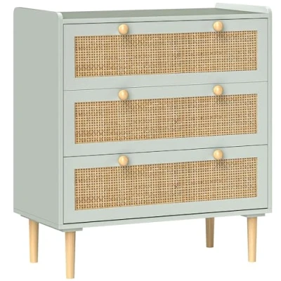 Abbildung von HOMCOM Kommode Beistellschrank mit 3 Schubladen, Sideboard Boho Stil, Rattanoptik, Schubladenkommode für Wohnzimmer, Schlafzimmer, Hellblau 80 x 40 87,5 cm
