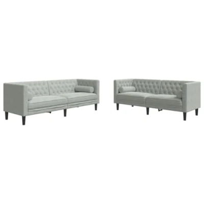 Abbildung von vidaXL Chesterfield Sofa Set mit Nackenrollen 2 TLG., Sofagarnitur Kissen, Sitzgruppe für Wohnzimmer, Polstersofa Couch Sessel, Hellgrau Samt