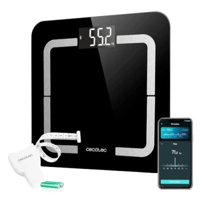 Abbildung von Cecotec Digitale Badezimmerwaage mit APP Surface Precision Smart Healthy. Gehärtetes Glas, Bluetooth, Bioimpedanzmessung 10 Parametern, LCD Display, maximales Gewicht 180 kg, 310x310 mm.