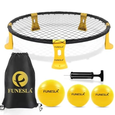 Abbildung von Funeslaball Outdoor Spieleset, Roundnet Team Ballspiel bestehend aus Spielnetz, 3 Bällen, Kordelzug, Ballpumpe und Handbuch