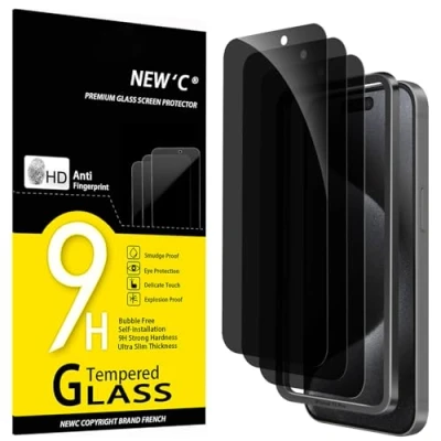 Abbildung von NEW&#039;C 3 Stück, Sichtschutz Panzer Schutz Glas für iPhone 15 Pro (6,1 Zoll), Blickschutzfolie Privacy screen mit Anti Spy Verbesserter 28 Grad schutzwinkel Einfaches Installationswerkzeug enthalten