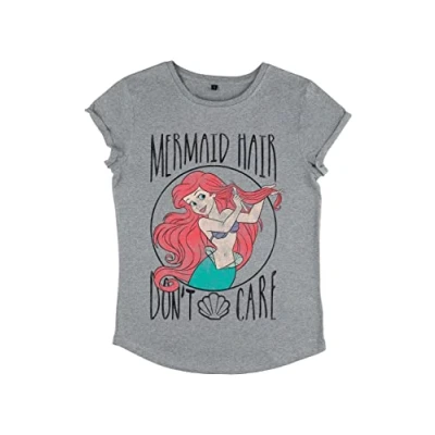 Abbildung von Disney Damen The Little Mermaid Hair Women&#039;s Organic Rolled Sleeve T shirt, Melange Grey, S