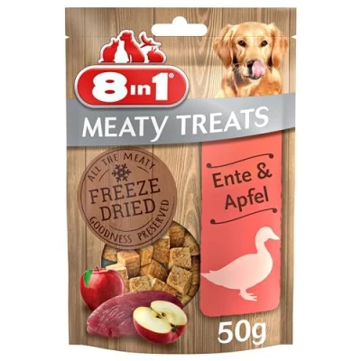 Abbildung von 8in1 Meaty Treats, gefriergetrocknete Hunde Leckerlis mit Ente &amp; Apfel, getreidefrei und ohne Zucker, 50 g Beutel