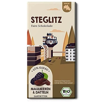 Abbildung von STEGLITZ Fair Trade Stadtteil Schokolade / Maulbeeren und Datteln in Bio Zartbitter Fairtrade Kakao. (1 Tafel, 80g)