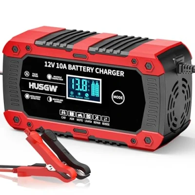 Abbildung von 10A Autobatterie Ladegerät, 12V Smart vollautomatische KFZ Batterieladegerät, Temperaturkompensation Batterie ladegerät mit LCD Display für Auto, Motorrad, LKW