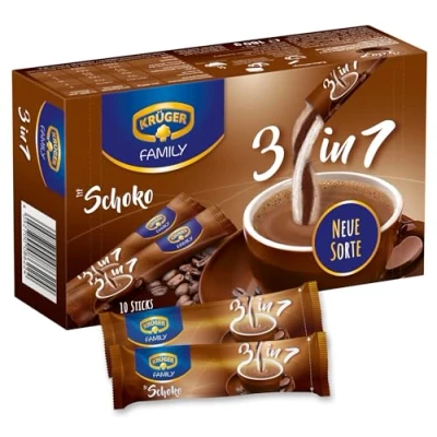 Abbildung von KRÜGER Family 3 in 1 Schoko, Instant Kaffee Sticks mit löslichem Kaffee, Kaffeeweißer, Zucker &amp; Schokoladen Aroma, 10 (18g)