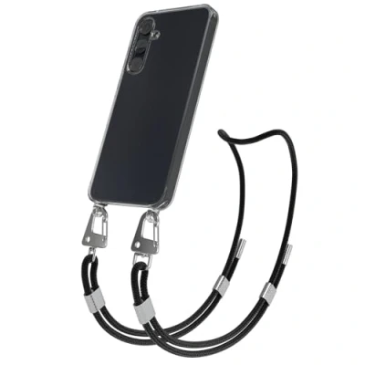 Abbildung von EAZY CASE Handykette mit Karabiner kompatibel Samsung Galaxy A55 Hülle Silikon Fallschutz transparente Handyhülle für Kette zum Umhängen Schutzhülle in Schwarz Clips Silber