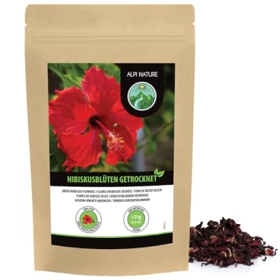 Abbildung von Hibiskusblüten Tee (125g), Hibiskus ganze Blüten, Hibiskusblütentee schonend getrocknet, 100% rein und naturbelassen zur Zubereitung von Hibiskustee