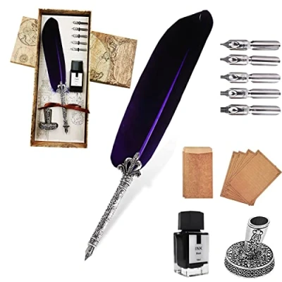 Abbildung von AOMAYLL Federstift Tinte Set,Vintage Dip Pen,schreibfeder Kalligraphiestift mit 5 Federn und schwarzer Tinte, Perfekt für Kalligraphie Anfänger (Mit Tinte)