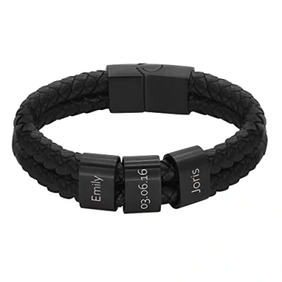 Abbildung von Heideman Armband Herren aus Leder schwarz matt Lederarmband Elian mit schwarzen Gravurplättchen für Männer Personalisiertes Geschenk
