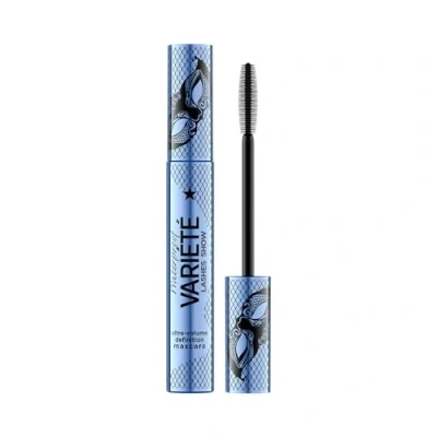 Abbildung von Eveline Cosmetics Variété Wasserfeste Mascara Volumen &amp; Länge Wischfest mit Präzisions Silikonbürste Elegante Blaue Metallische Verpackung