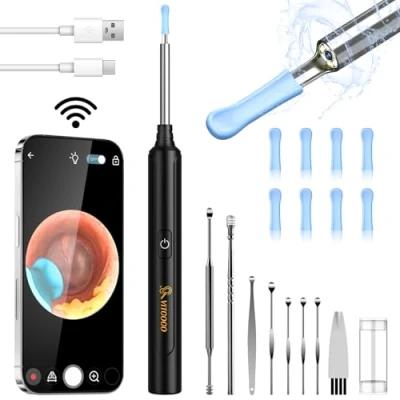 Abbildung von Ohrenschmalz Entferner Otoskop, VITCOCO WiFi Ohrenreiniger Kamera 5MP HD Ohr IP67 wasserdicht Ohrenspiegel 3.5mm Linse Endoskop mit 6 LEDs für iPhone, iPad und Android Smartphones(Schwarz)