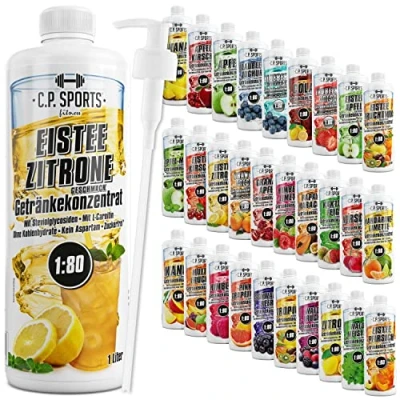 Abbildung von C.P. Sports Getränkesirup für Mineraldrink I Sirup zuckerfrei Vital Drink EISTEE ZITRONE mit Vitaminen Getränkekonzentrat zum Mischen Wasser Sport Getränk 1 Liter + Pumpspender