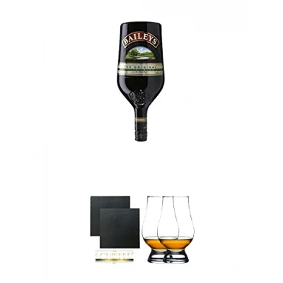 Abbildung von Baileys Cream Sahne Whiskylikör Irland 1,5 Liter Magnum + Schiefer Glasuntersetzer eckig ca. 9,5 cm Ø 2 Stück The Glencairn Glass Whisky Glas Stölzle