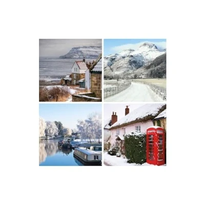 Abbildung von UK Greetings Weihnachtskarten, Motiv: britische Schneelandschaften, verschiedene Wohltätigkeitsorganisationen, in 4 Designs, 12 Stück