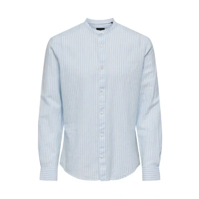 Abbildung von ONLY &amp; SONS Herren ONSCAIDEN LS Mao Stripe Linen Shirt NOOS Langarmhemd, Cashmere Blue, XS