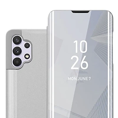 Abbildung von Cadorabo Hülle kompatibel mit Samsung Galaxy A32 4G Schutzhülle TPU Silikon Case 360 View Spiegel, Slim Kratzfest Weiche Gummi Rundumschutz Cover für in Silber