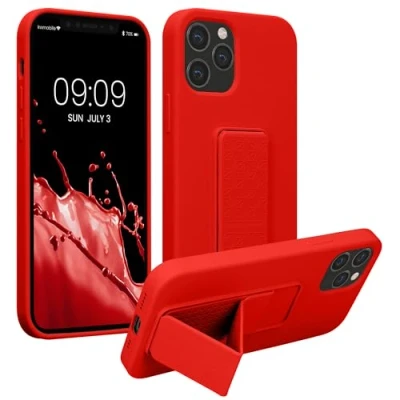 Abbildung von kwmobile Handyhülle kompatibel mit Apple iPhone 12 / Pro Hülle Fingerhalter und Standfunktion Silikon Case Handy Cover in Rot