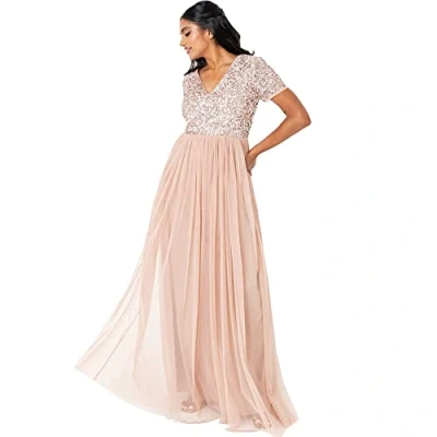 Abbildung von Maya Deluxe Damen V Neckline Embellished Maxi Bridesmaid Dress, Taupe Blush, 48 EU