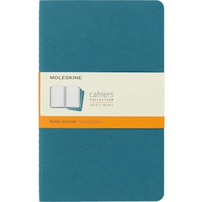 Abbildung von Moleskine Cahier Journal, Set mit 3 Notizbüchern linierten Seiten, Kartonumschlag sichtbaren Baumwollstichen, Farbe Lebhaftes Blau, Großformat 13 x 21 cm, 80 Seiten