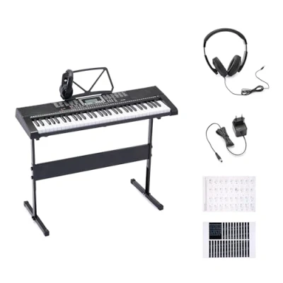 Abbildung von Amazon Basics 61 Tasten tragbares Digitalpiano für Anfänger, Eingebaute Lautsprecher, 255 Klänge und Rhythmen, 50 Demo Songs, Notenständer Kopfhörer enthalten, Schwarz, 93 x 30.4 9.32 cm