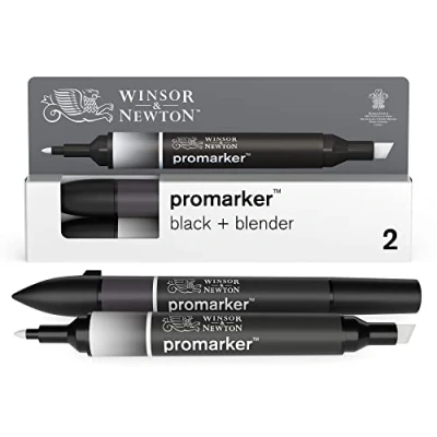 Abbildung von Winsor &amp; Newton 0290148 ProMarker, Professioneller Layoutmarker 2 Spitzen, fein und breit für Zeichnungen, Design Layouts 2er Set in Schwarz, Schwarz Blender