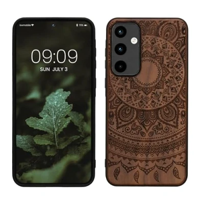 Abbildung von kwmobile Hülle kompatibel mit Samsung Galaxy A55 5G Holz Case Handy Cover TPU Handyhülle in Dunkelbraun Indische Sonne