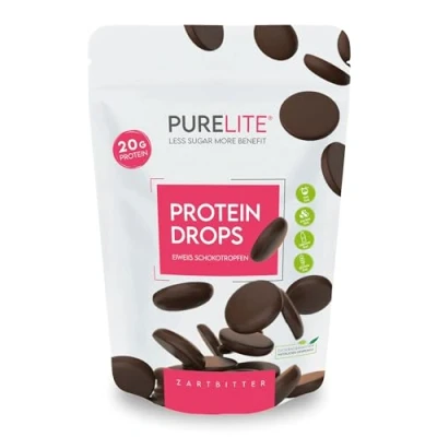 Abbildung von PURELITE Protein Drops zartbitter vegan, proteinreich 20g/100g, feinherbe zuckerfreie Schokodrops, Erythrit &amp; Stevia, 60 %Kakao, kalorienarm, Snack, Backen Schmelzen, Kuvertüre, Schokobrunnen, 450g