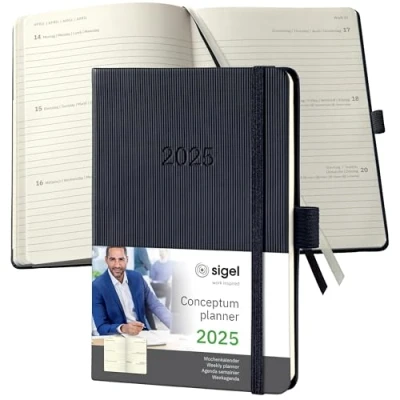 Abbildung von SIGEL C2513 Terminplaner Wochenkalender 2025, ca. A6, schwarz, Hardcover, 176 Seiten, Gummiband, Stiftschlaufe, Archivtasche, aus nachhaltigem Papier, Conceptum