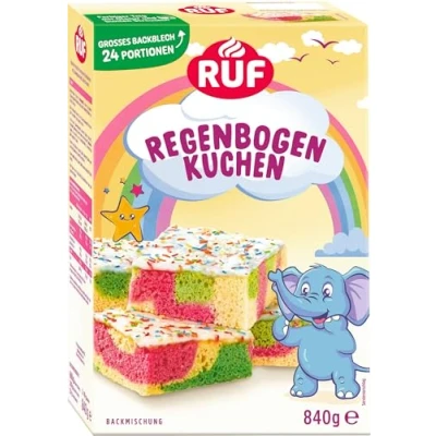 Abbildung von RUF Regenbogen Kuchen, bunter Blechkuchen mit hellem Rührteig, in pink und grün Glasur bunten Zuckerstreuseln, schneller Kuchen für Kinder Geburtstag
