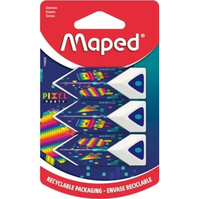 Abbildung von Maped 3 Radiergummis Pyramiden bringt Präzision und Komfort weißer Radiergummi Serie Pixel Party recycelbare Verpackung