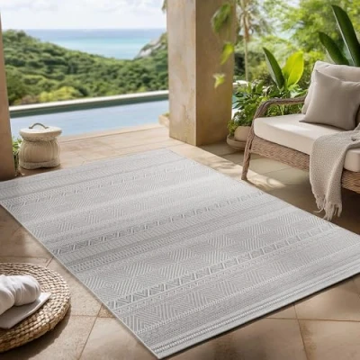 Abbildung von Carpettex Outdoor Teppich wetterfest Grau 120x170 cm, UV beständig, ideal für Küche, Balkon, Terrasse, Garten auch Wohnzimmer und Esszimmer, Skandinavisches Boho Design, Pflegeleicht