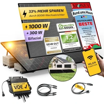 Abbildung von Solakon® 1000W Balkonkraftwerk mit Halterung (Flachdach) 800W komplett Steckdose 800 Watt Wechselrichter Solaranlage Komplettset 500W bifaziale Solarmodule inkl. Zubehör