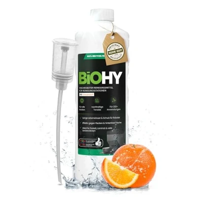 Abbildung von BiOHY Wischroboter Reinigungsmittel für Reinigungsstationen mit Orangenduft (1l Flasche) + Dosierer Verlängert die Lebensdauer der Absaugstation Schaumarmes Bodenreiniger Konzentrat