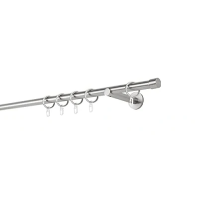 Abbildung von ondeco Gardinenstange auf Maß 20mm Cap 1 lauf Vorhangstange Wandträger 12cm Stilgarnitur mit Ringen für Vorhänge Edelstahl Optik 200cm