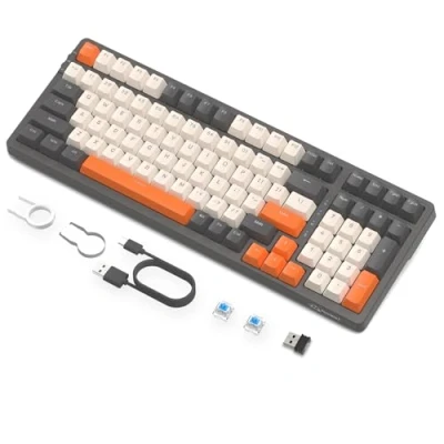 Abbildung von FREEWOLF K8 Drahtlose Hot Swap Mechanische Gaming Tastatur, kabelgebundene RGB Tastatur mit Backlit, Blauer Schalter, Bluetooth 5,0/2,4 GHz/USB C Tri Modus 4000 mAH Akku für Mac/Win Grau/Orange