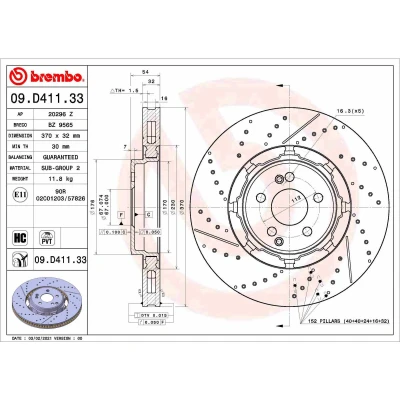 Abbildung von BREMBO 09.D411.33 Bremsscheibe 370 32 5 geschlitzt/gelocht, Verbundbremsscheibe, innenbelüftet beschichtet hochgekohlt MERCEDES BENZ: GLE, GLE Coupe