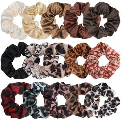 Abbildung von SYEYCW 15 Stück Satin Haargummis Scrunchies für Frauen, Weiche Elastische Haarbänder, Leoparden und Einfarbige Dicke Bänder, Pferdeschwanzhalter Haar Accessoires, Mädchen Damen