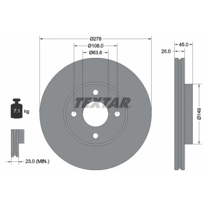 Abbildung von TEXTAR PRO 92159003 Bremsscheibe 278 25 04/04 108 innenbelüftet beschichtet ohne Radbefestigungsbolzen, Radnabe FORD: FIESTA 5
