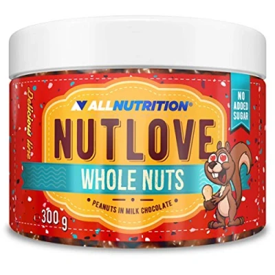 Abbildung von ALLNUTRITION Nutlove Whole Nuts Erdnüsse in Vollmilchschokolade Zuckerfreie Schokolade ohne Zuckerzusatz Kalorienarme Süßigkeiten Gesunder Snack 300g