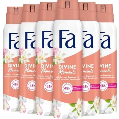 Abbildung von FA Deospray Divine Moments (6x 150ml), Deodorant mit dem Duft von wilder Kamelienblüte, Vegane Formel, stoppt Bakterien, Deo Schutz ohne Aluminiumsalze