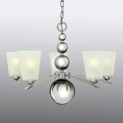 Abbildung von Hinkley HK ZELDA5 PN Kronleuchter Zelda 5xE27 Nickel poliert, Glas weiss H:47,6cm Ø:68,6cm dimmbar höhenverstellbar