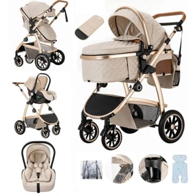 Abbildung von Lnhcrbs Kinderwagen 3 in 1, Baby ist mit Einstellbarer Höhe Griff, Bergsteiger Anti Moskitonetz Regen Abdeckung Mumie Tasche Flaschenhalter,for 0 4 Years,22Kg,Beige