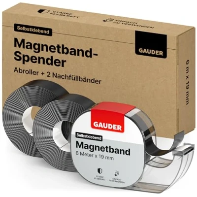 Abbildung von GAUDER Magnetband selbstklebend im Spender (+2x Ersatz Magnetband) I Magnetklebeband Magnetstreifen (6 m)