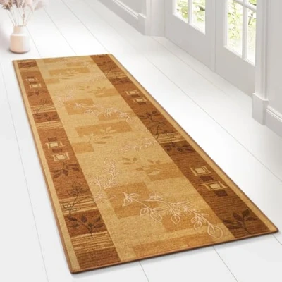 Abbildung von Floordirekt Teppichläufer mit Muster maßgefertigter Feinschlingen Teppich Läufer für Küche, Flur &amp; Wohnraum Ornament Vintage Orient Gitter (80 x 350 cm, Akzent Beige)