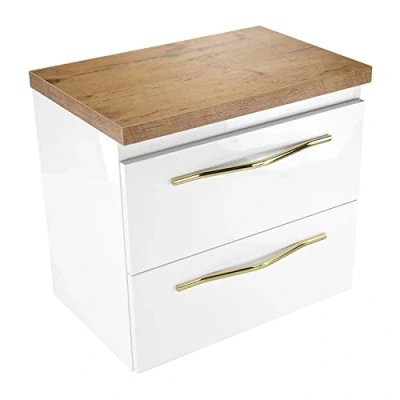 Abbildung von paplinskimoebel Badezimmer Badmöbel Girona 60,5 x 40 55,1 cm, mit Zwei Schubladen, hängeschrank, Hochglanz Korpus, weiß+ Gold, badezimmermöbel Glamour Style, badschrank