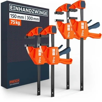 Abbildung von Presch Einhandzwingen 150mm &amp; 300mm 4 Stk. Zwingen Set Mit 75kg Spannkraft für sofortiges Fixieren Robuste Schnellspannzwingen dank Carbonstahl glasfaserverstärktem Gehäuse Spreizfunktion