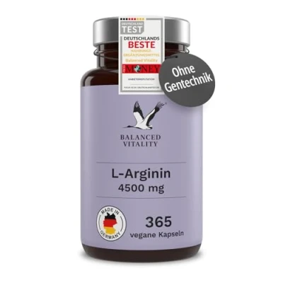 Abbildung von L Arginin 365 vegane Kapseln 4500mg pflanzliches HCL je Tagesdosis 2 Monate Ohne Zusatzstoffe Laborgeprüft Balanced Vitality