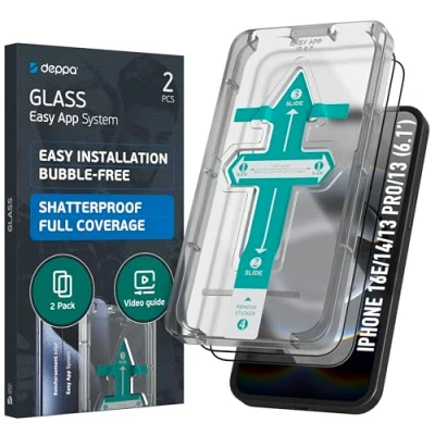 Abbildung von Deppa 2 Stück Schutzfolie für Iphone 14/ 13 Pro/ Full Screen (6.1 Zoll) mit Schablone Glas, Folie, Schutzfolie, Schutzglas, Displayschutz,Glasschutz