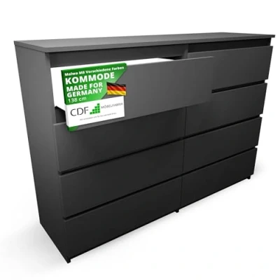 Abbildung von CDF Kommode Malwa M8 140 Farbe: Schwarz Schrank für Dokumente, Kleinigkeiten Ideal Wohnzimmer, Schlafzimmer, Kinderzimmer, Jugendzimmer und Büro 8 geräumige Schubladen